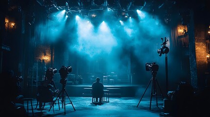Interview On Stage, Dark Blue Lighting, Theater Setting