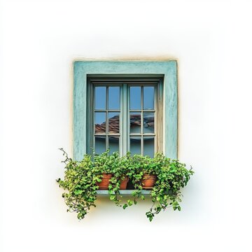Fototapeta Image of a garden house wall with a window, featuring textured stone or brick surface. Isolated on a white background, ideal for outdoor architecture or home design visuals.
