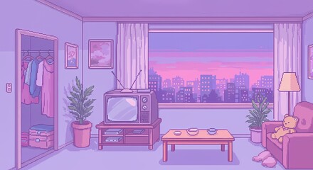 A pixel art illustration of a room with a predominantly purple color palette. The room is furnished with a bed, a closet, a television, a coffee table, and a sofa. 