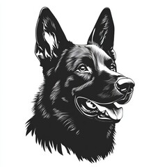 Detailed vector silhouette of a German Shepherd dog head in side view, showcasing pointed ears, defined muzzle, and intelligent expression. Bold black shape on clean white background, perfect for logo