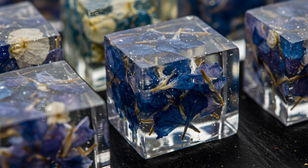 Blue flower petals delicately suspended within crystal clear resin cubes modern art