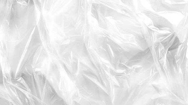 Wrinkled transparent white plastic texture with folds and highlights creating abstract background ideal for packaging wrapping industrial or modern minimalist design projects with glossy material surf