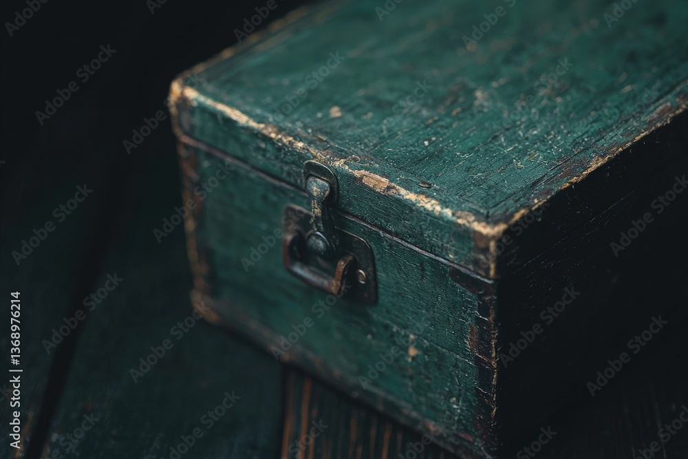 Poster exploring the rustic charm of an antique wooden box resting on a dark table under soft light generat