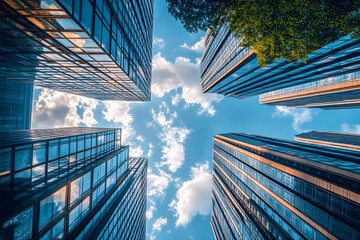 An upward perspective of skyscrapers surging into a bright blue sky with fluffy clouds, creating a striking contrast between urban construction and natural elements overhead in London UK