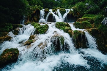 
Close-up View of Waterfalls Cascade at Plitvice Lakes National Park, Croatia