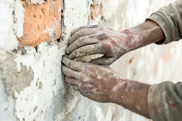 Close up of a construction worker's hands applying mortar to a brick wall during a building project