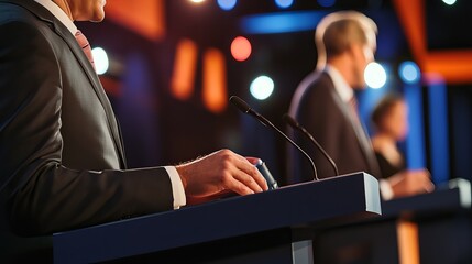 Political debate candidates speaking at podiums during election campaign event live on television stage