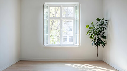 Fototapeta premium Empty White Room With Window And Plant