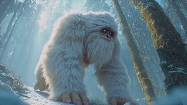 Large white furry creature resembling a yeti or abominable snowman standing in a foggy, snow-covered forest with moss-covered trees, moving across a snowy path with a mystical atmospheric lighting
