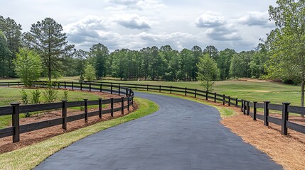 Winding asphalt driveway leads to green field.