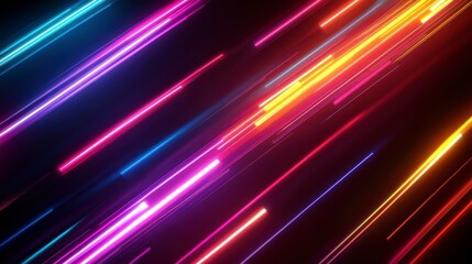 Abstract background with diagonal vibrant neon light streaks on a black background.