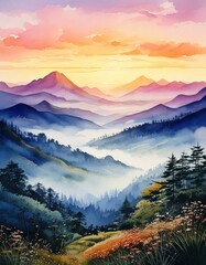 Obraz premium Watercolor painting of misty mountains and forest with sunrise in the background landscape wallpaper