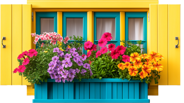 Colorful Flowers in Teal Window Box Against Bright Yellow Shutters with White Background and Copy Space