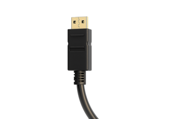 HDMI cable vertical view showing gold-plated connector against transparent background, useful for high-speed data transmission in multimedia systems and digital devices