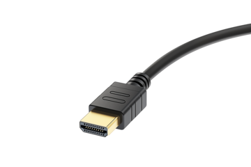 Black HDMI cable with gold-plated connector on a transparent background, commonly used for audio video transmission in high-definition multimedia devices