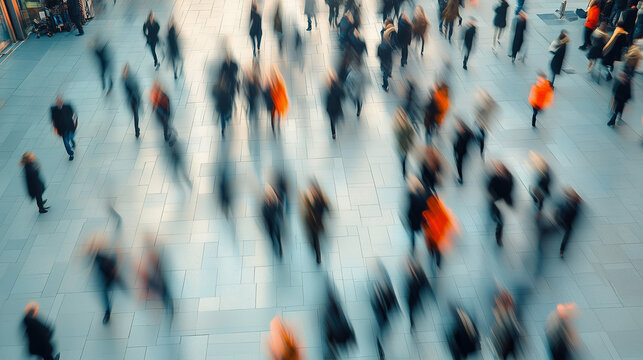 Blurry crowd of people walking on urban street with motion blur symbolizing fast-paced city life movement commuting rush business routine and modern metropolitan energy in abstract perspective

