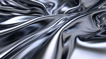 Fototapeta premium Smooth flowing silver metallic fabric with elegant ripples and reflective texture creating a luxurious abstract background for fashion material or futuristic design elements 