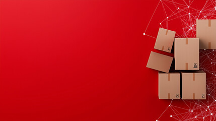 Stack of cardboard delivery boxes aligned with digital connection lines on red background representing modern logistics e commerce shipping network and smart packaging technology in global distributio