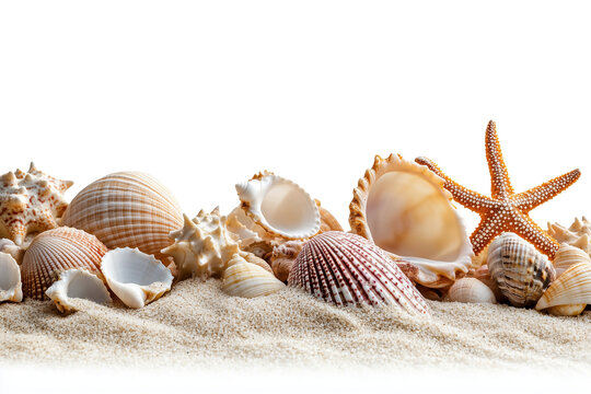 Variety of sea shells and starfish arranged on sandy surface isolated representing beach vacation nature collection or marine themed decoration with natural textures and patterns
