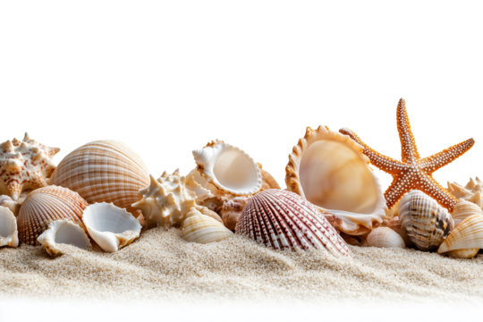 Variety of sea shells and starfish arranged on sandy surface isolated representing beach vacation nature collection or marine themed decoration with natural textures and patterns

