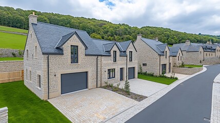 Fototapeta premium Modern stone houses nestled in a lush valley