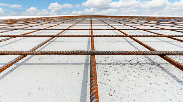 Industrial view of a reinforced concrete slab with steel mesh reinforcement grid, high-detail engineering focus