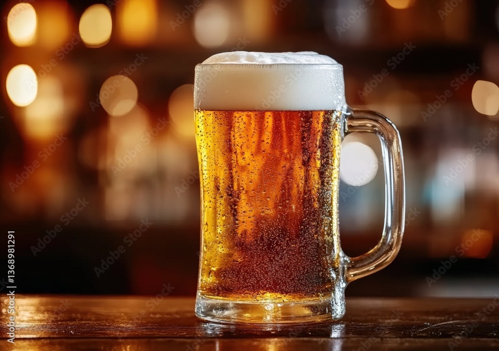 Poster Refreshing mug of cold beer sitting on bar counter with bokeh background