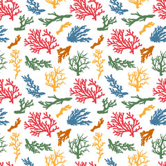 Coral seamless pattern. Sea coral reef polyps and algae, tropical ocean, underwater wildlife and marine flora, textile or wallpaper design background.