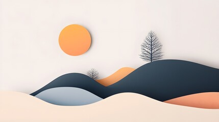 Serene landscape with minimalist mountains, soft waves, and a warm sun at dusk creating a tranquil atmosphere
