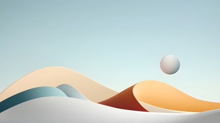 Modern abstract landscape with gentle waves and a serene sphere in a tranquil sky at dusk