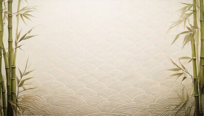 Japanese green bamboo art on off white paper texture background, minimalistic design with copy space for text, isolated wallpaper illustration