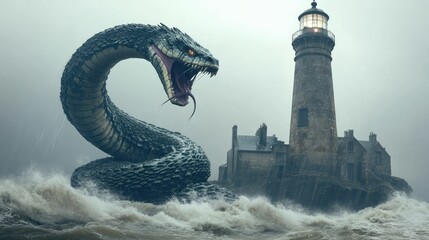 Giant serpent, stormy sea, lighthouse, old building.