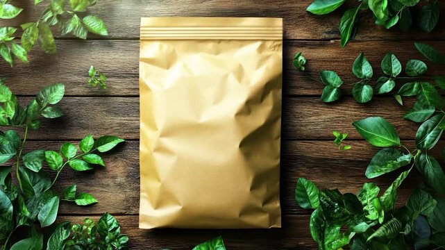 Eco-friendly pouch mockup, wood, leaves, sunlight, packaging design