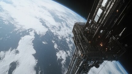 Obraz premium Spacecraft orbiting Earth, clouds, and dark void.