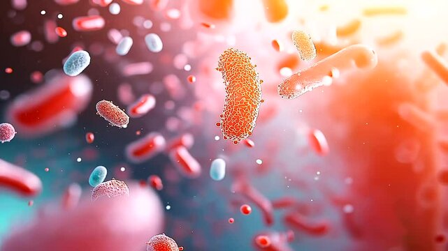 Magnified look at a microscopic colony of healthy gut microbes, including different strains of probiotics floating in a warm, fluid environment.
