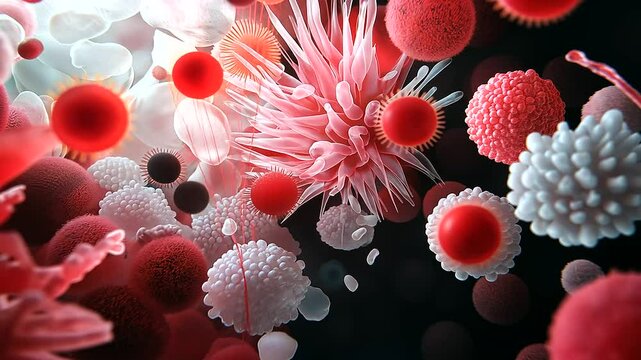 Scientific macro illustration of different probiotic bacteria strains, each uniquely shaped and textured, showcasing their importance in digestion.