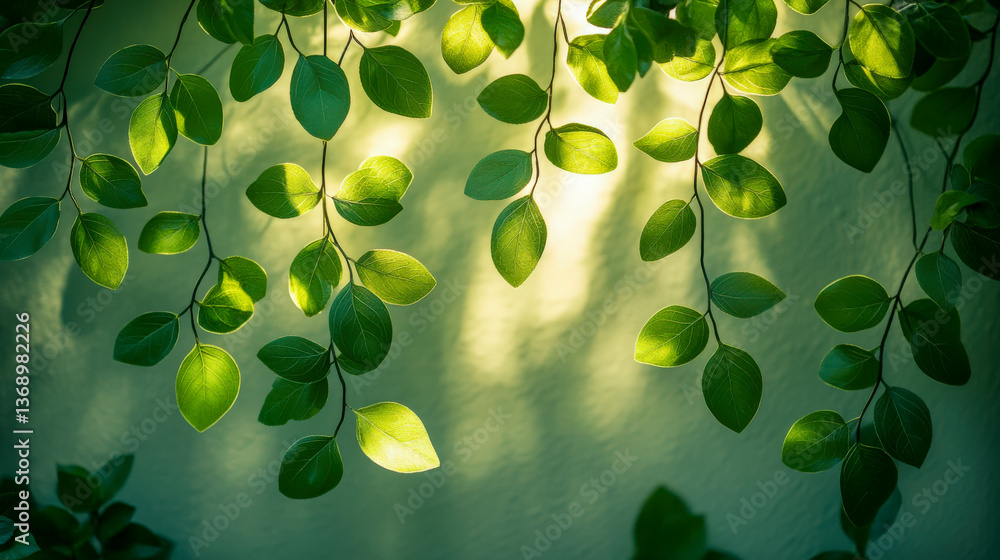 Poster soft dappled light filtering through green leaves creates an abstract play of shadows on a wall in a