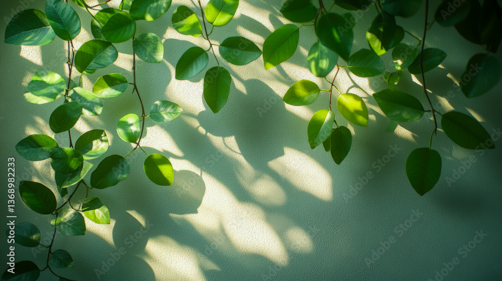 Poster light and shadow intertwine in a soft dappled display on a serene wall adorned with lush leaves
