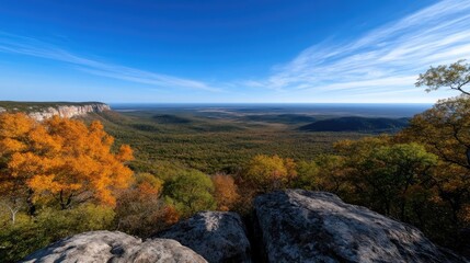 Autumn vista from a mountain peak. Wide valley view with colorful trees