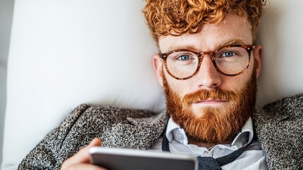 A young Caucasian man with a beard and glasses relaxes on a couch, engrossed in his smartphone, showcasing a modern lifestyle.
