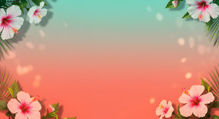 Fototapeta premium Tropical floral frame with hibiscus flowers on a soft coral and mint gradient