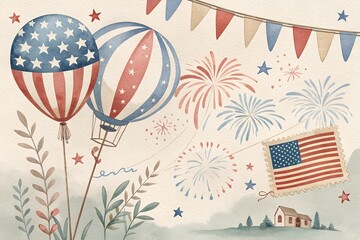 Retro style 4th of july postcard with vintage elements