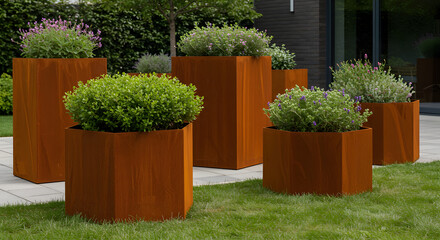 Fototapeta premium Stylish Corten Steel Garden Planters with Vibrant Greenery in Tranquil Setting