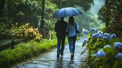 Couple walks, rainy path, shared umbrella, lush greenery.
