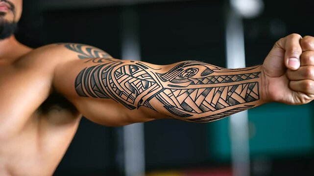 A close-up of an intricate Polynesian tribal tattoo running down a muscular arm, its bold geometric patterns telling a deep cultural story.