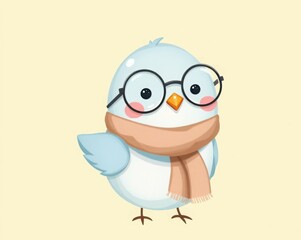 Adorable cartoon bird wearing glasses and a scarf against a light background. Ideal for children's illustrations, preschool education, and fun educational materials.