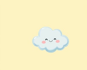 Cute animated cloud with a happy face on a soft yellow background. Perfect for children's illustrations, cartoons, and educational materials.