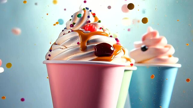 A colorful explosion of frozen yogurt flavors in vibrant pastel cups, decorated with popping boba, fresh fruit, and a drizzle of caramel, with confetti floating in the air to celeb
