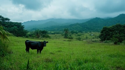 Black cow grazes, green pasture, misty mountains.