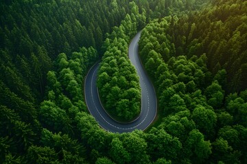 Serpentine road weaving through dense emerald forest under golden sunlight in a serene landscape